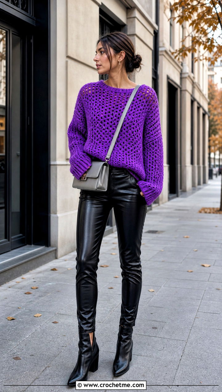 Oversized Crochet Jumper With Leather Pants - 25 crochet jumper for women outfit ideas