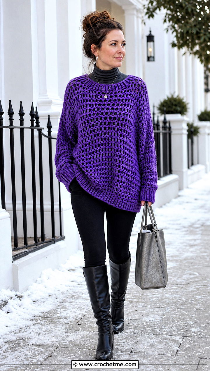 Oversized Crochet Jumper With Leggings And Boots - 25 Cute Crochet Jumper outfit ideas