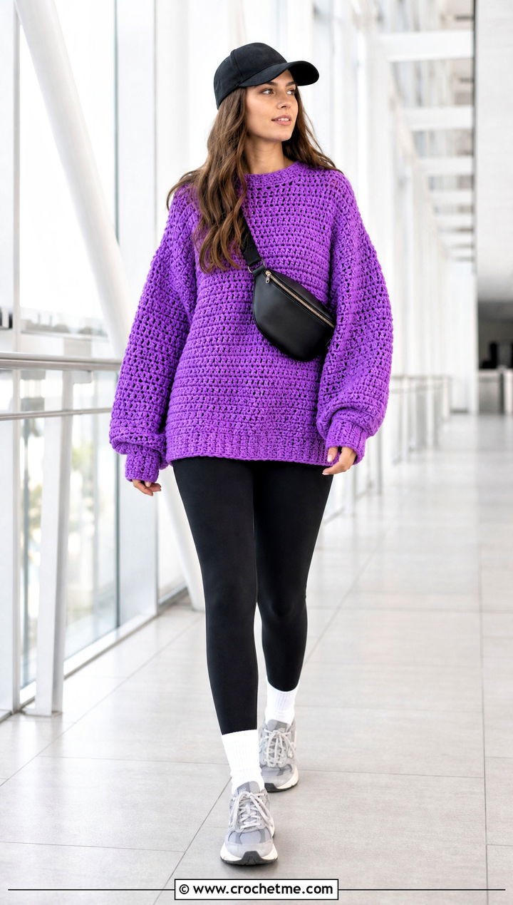 Oversized Crochet Jumper With Leggings - 20 Beginner Crochet Jumper outfit ideas