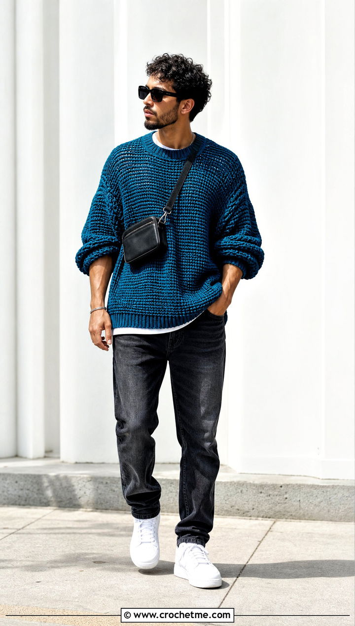 Oversized Crochet Jumper With Slim Jeans - 25 mens crochet jumper outfit ideas
