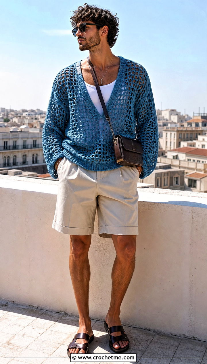 Oversized Crochet Jumper With Tailored Shorts - 35 men crochet jumper outfit ideas