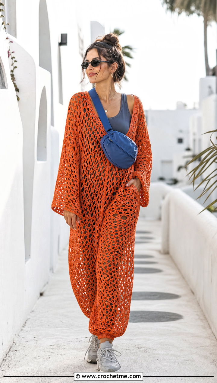 Oversized Crochet Jumpsuit With Belt Bag - 30 crochet jumpsuit outfit ideas