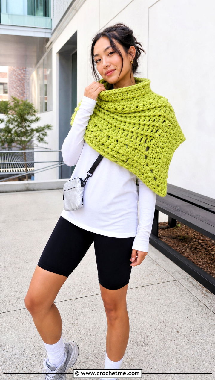 Oversized Crochet Katniss Cowl With Bike Shorts - 20 Crochet Katniss Shawl outfit ideas