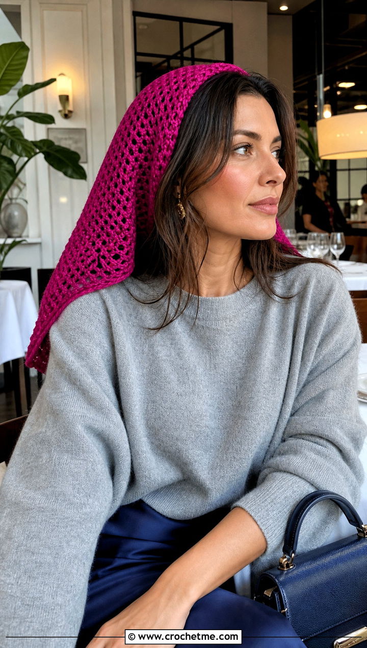 Oversized Crochet Kerchief With Slip Skirt And Sweater - 25 crochet bandana hair scarf outfit ideas