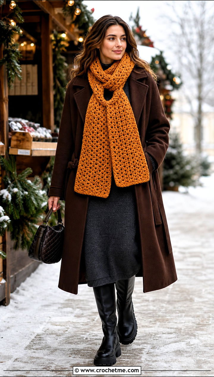 Oversized Crochet Keyhole Scarf With Sweater Dress - 35 crochet keyhole scarf outfit ideas