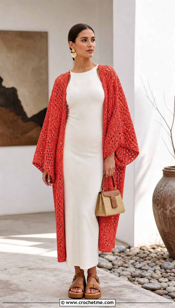 Oversized Crochet Kimono With Column Dress And Chunky Sandals - 30 Boho Crochet Kimono outfit ideas