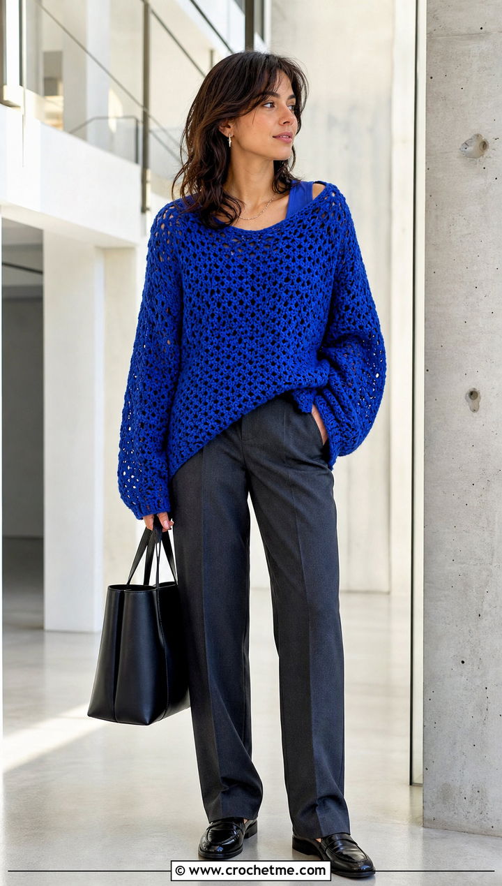 Oversized Crochet Knit Sweater With Straight Leg Pants - 35 Crochet Knit Sweater outfit ideas