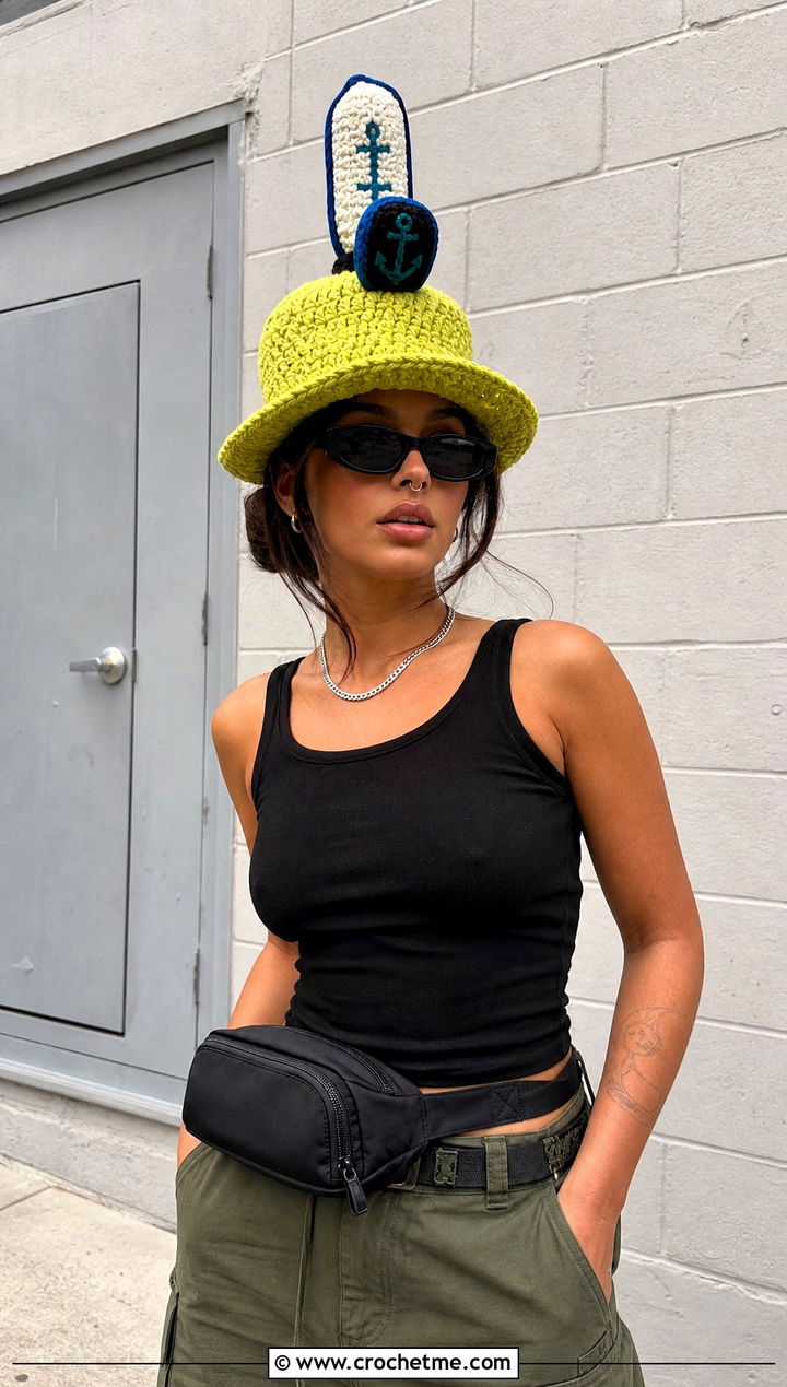 Oversized Crochet Krusty Krab Employee Hat With Cargo Pants - 30 crochet krusty krab hat outfit ideas