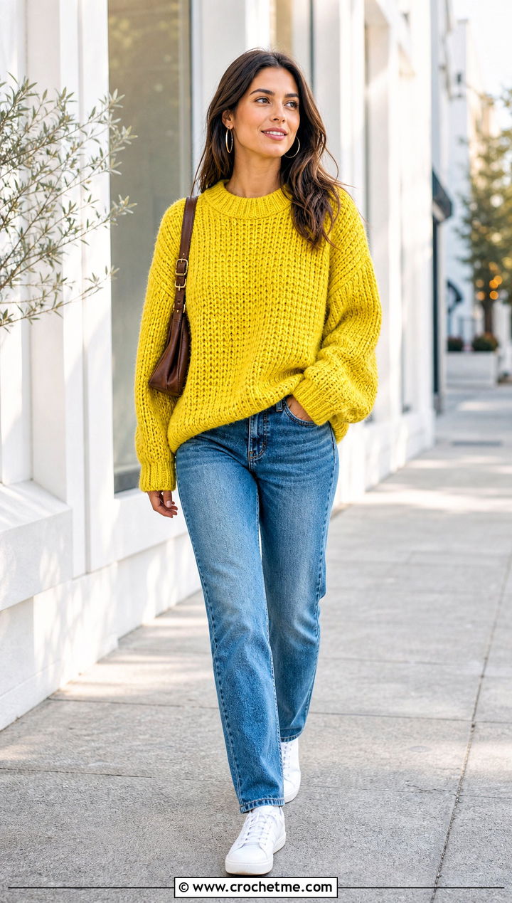 Oversized Crochet Lemon Crewneck Sweater With Straight Jeans - 25 Crochet Lemon Sweater outfit ideas