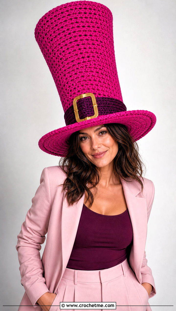 Oversized Crochet Leprechaun Top Hat With Monochrome Suit - 20 Crochet Leprechaun Hat outfit ideas