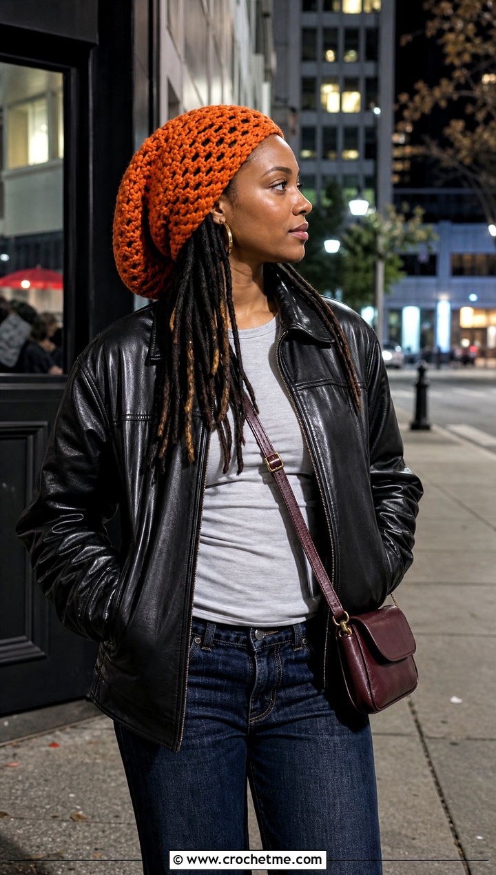 Oversized Crochet Loc Sock Cap With Leather Jacket And Straight Jeans - 20 Crochet Dread Cap outfit ideas