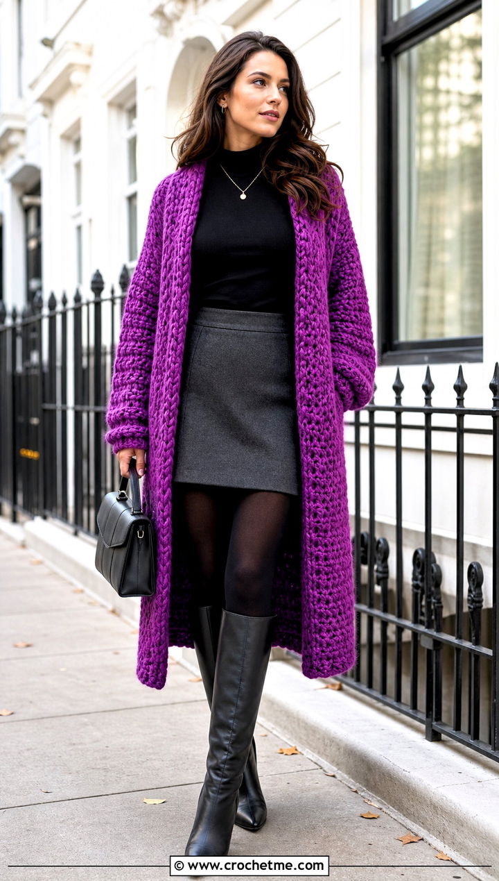 Oversized Crochet Long Cardigan With a Mini Skirt - 20 Easy Crochet Long Cardigan outfit ideas