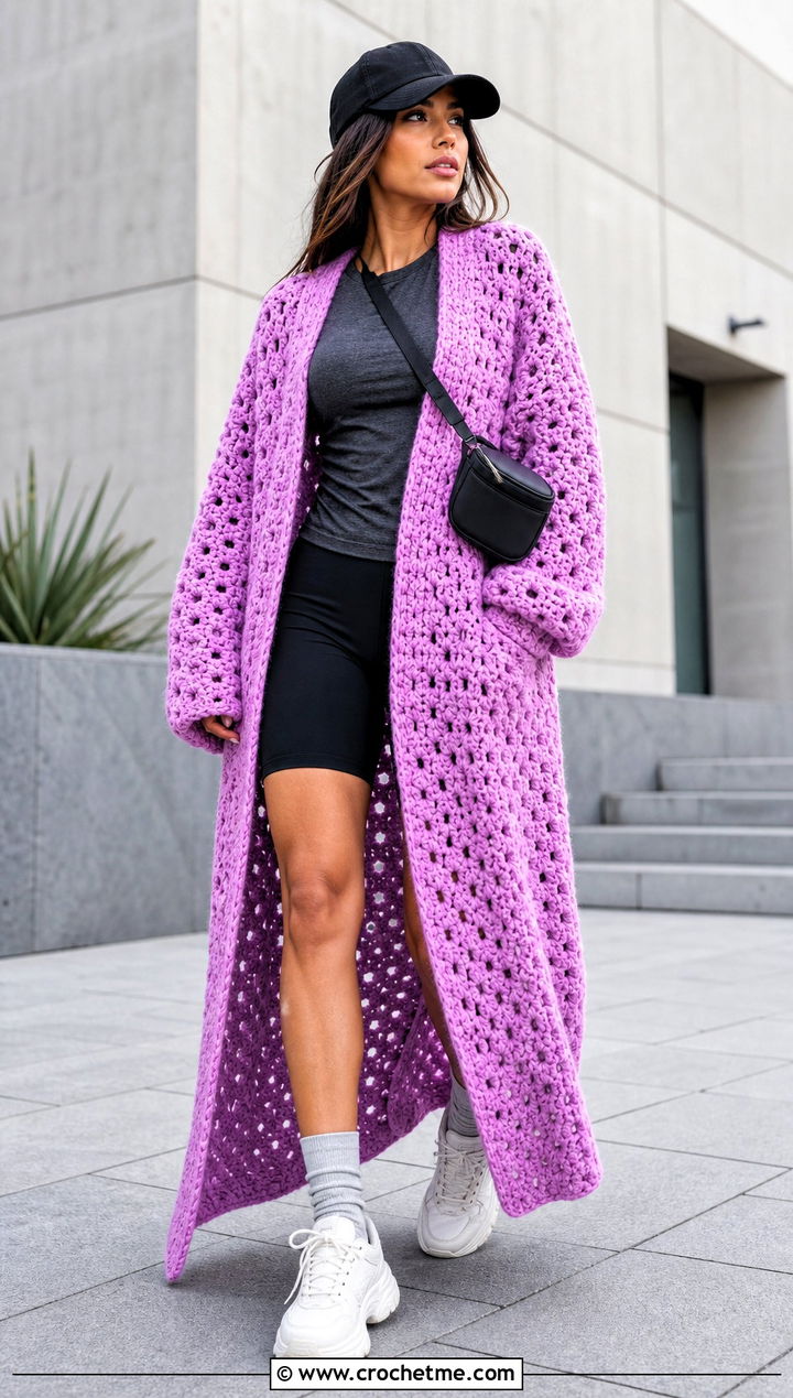 Oversized Crochet Long Coat With Biker Shorts - 35 crochet long coat outfit ideas