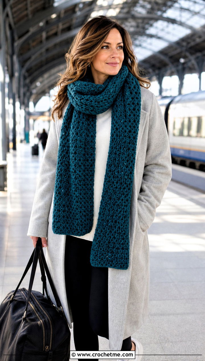 Oversized Crochet Long Scarf With Long Coat And Leggings - 25 Crochet Long Scarf outfit ideas