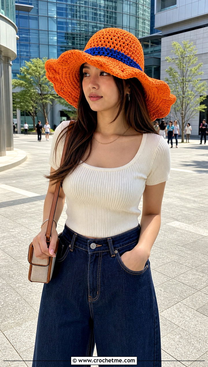 Oversized Crochet Luffy Hat With Wide Leg Jeans - 15 Crochet Luffy One Piece Hat outfit ideas