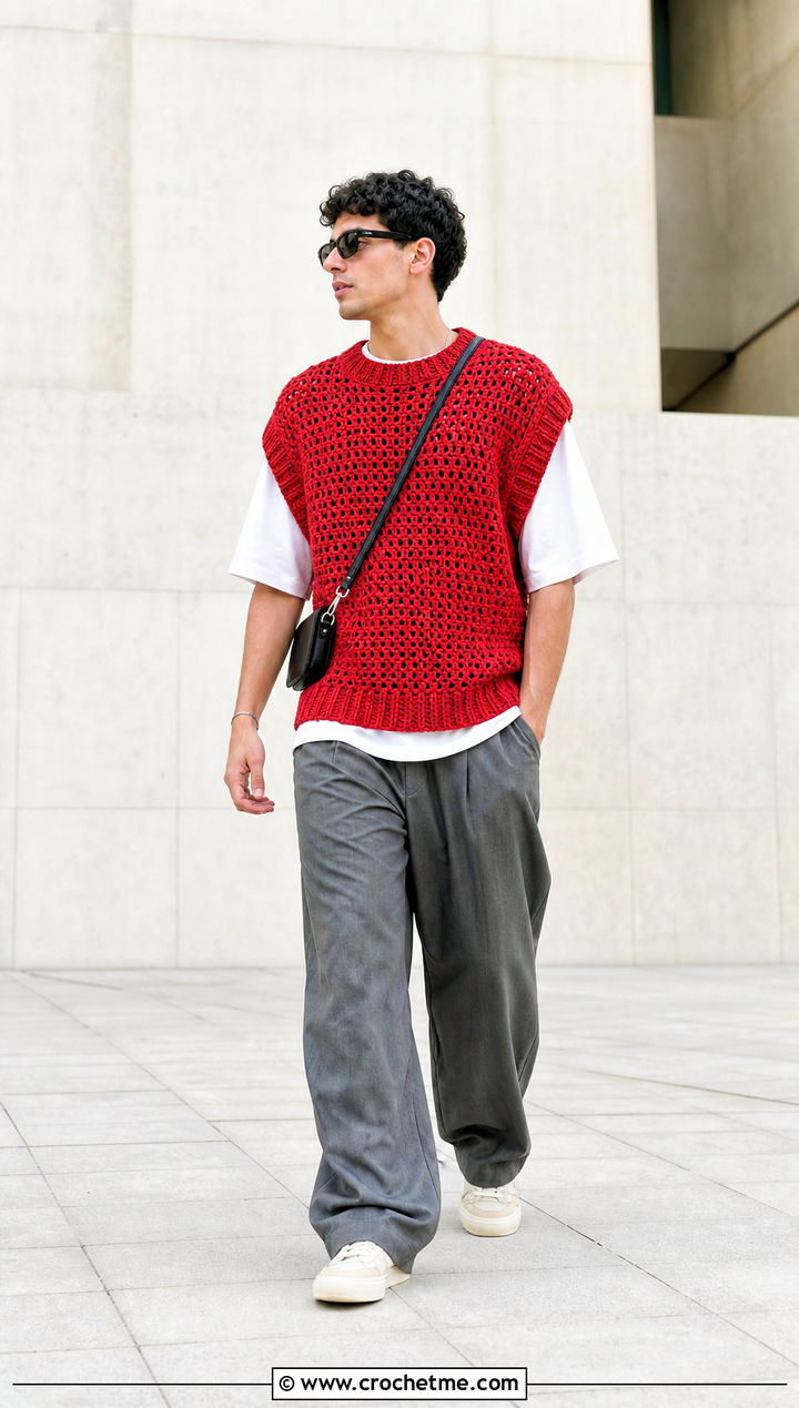 Oversized Crochet Mens Sweater Vest With Wide Leg Pants - 25 crochet mens sweater vest outfit ideas
