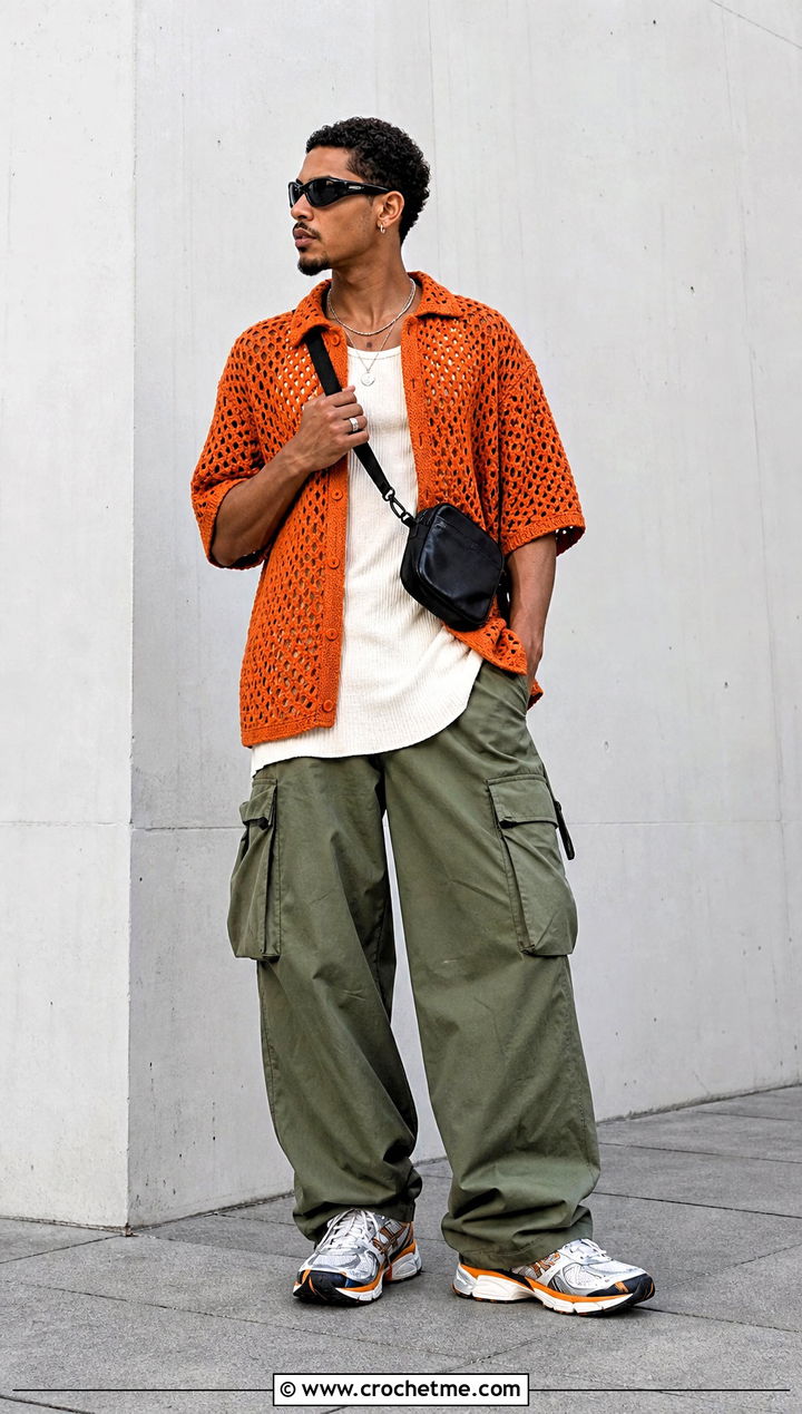 Oversized Crochet Mesh Shirt With Cargo Pants - 25 Men Crochet Mesh Shirt outfit ideas