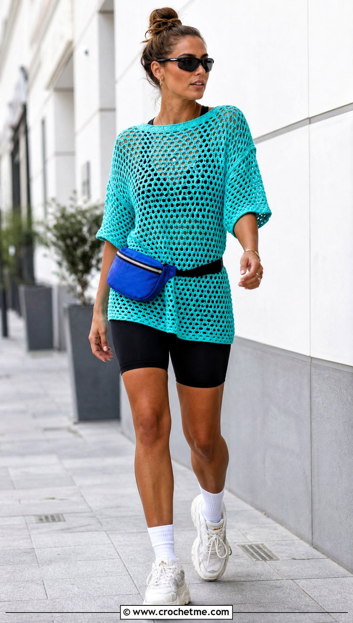 Oversized Crochet Mesh Tee With Biker Shorts - 30 crochet summer mesh top outfit ideas
