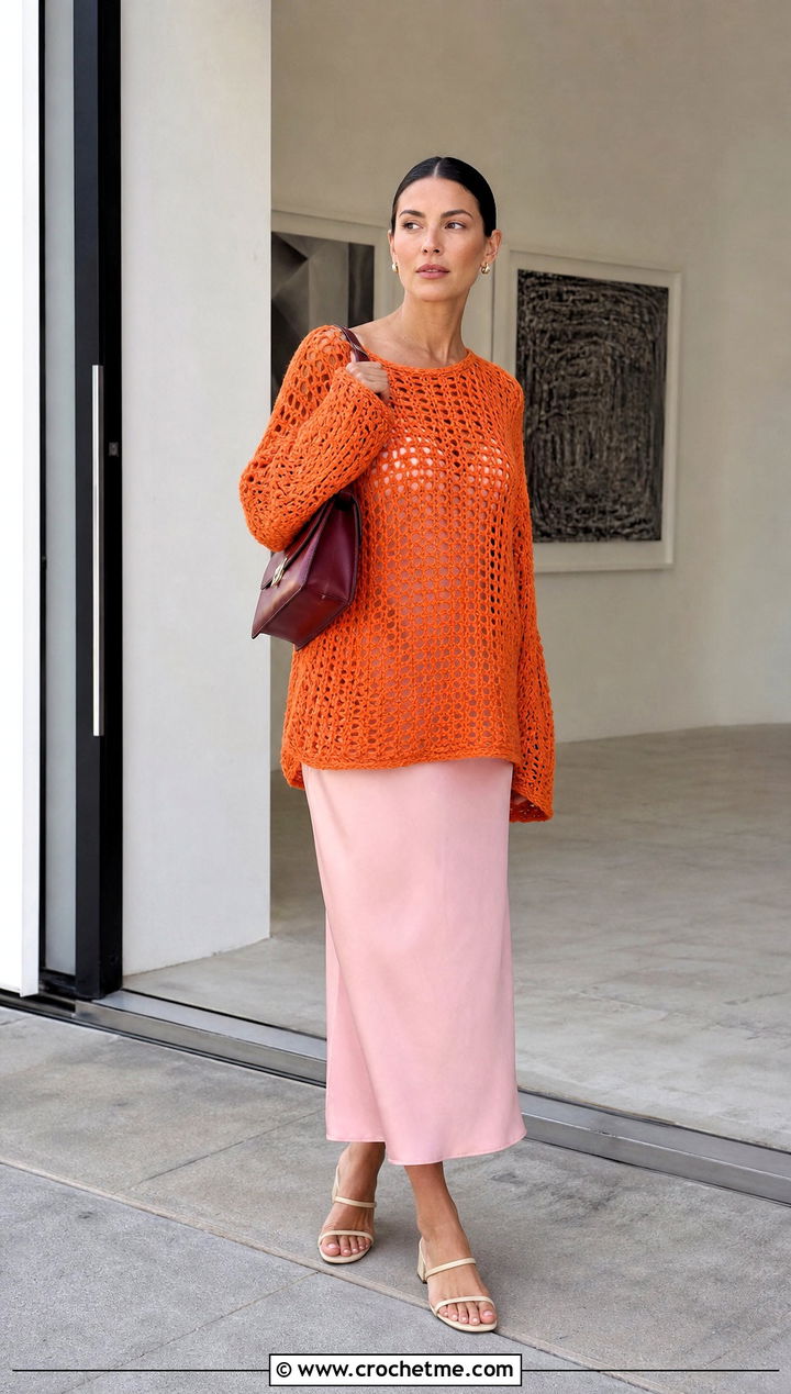 Oversized Crochet Mesh Top Over a Slip Dress - 15 Crochet Mesh Summer Top outfit ideas