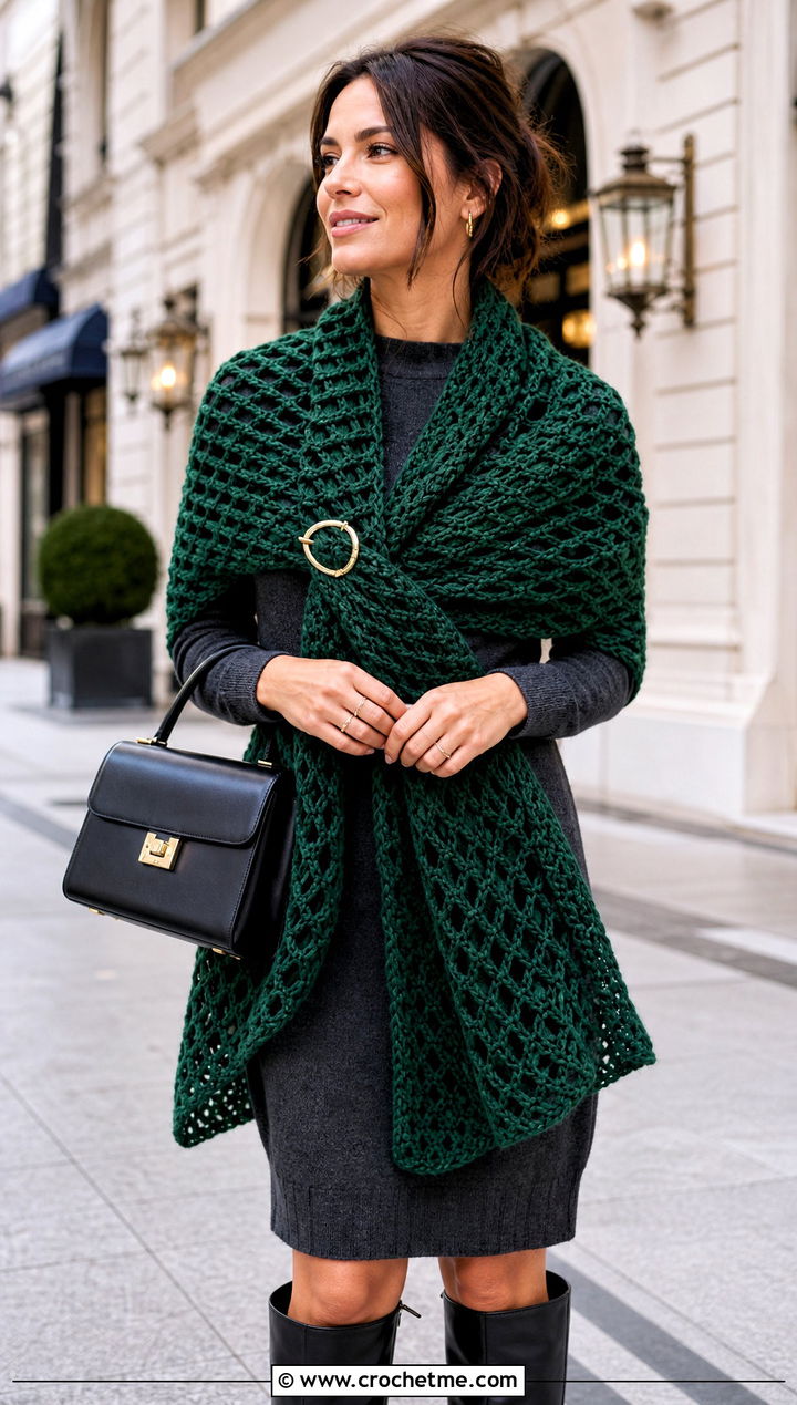 Oversized Crochet Mesh Wrap Scarf With Sweater Dress And Boots - 25 Crochet Mesh Scarf outfit ideas
