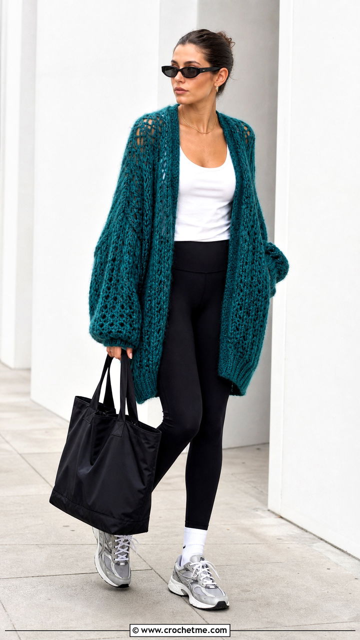 Oversized Crochet Mohair Cardigan With Leggings - 35 crochet mohair cardigan outfit ideas