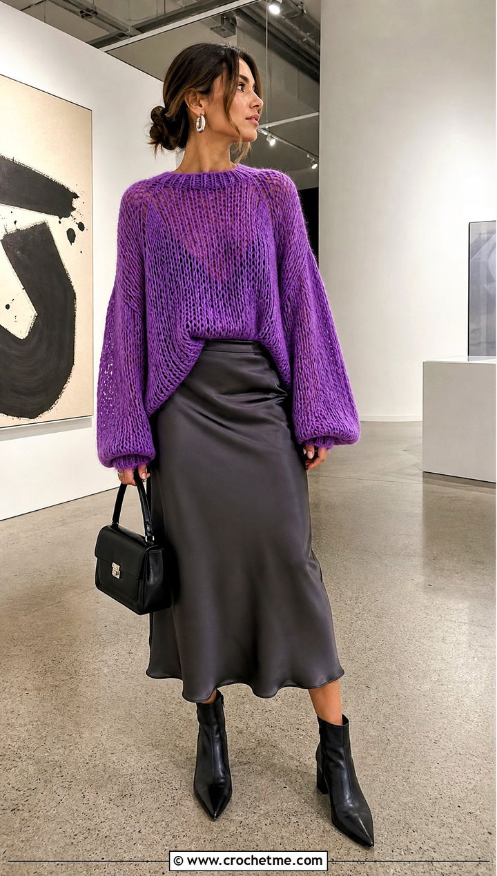 Oversized Crochet Mohair Raglan Sweater With Satin Midi Skirt - 15 Crochet Mohair Raglan Sweater outfit ideas