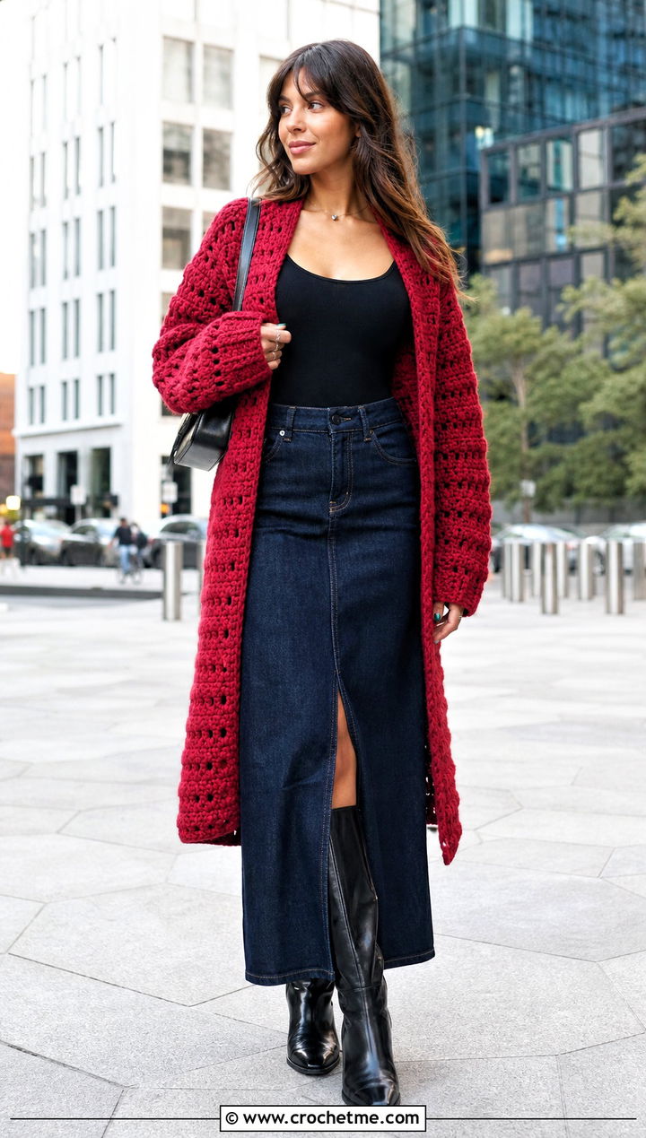Oversized Crochet One Piece Cardigan With Denim Maxi Skirt - 30 crochet one piece cardigan outfit ideas