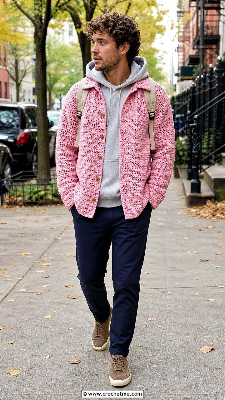 Oversized Crochet Overshirt With A Hoodie And Chinos - 35 crochet male shirt outfit ideas
