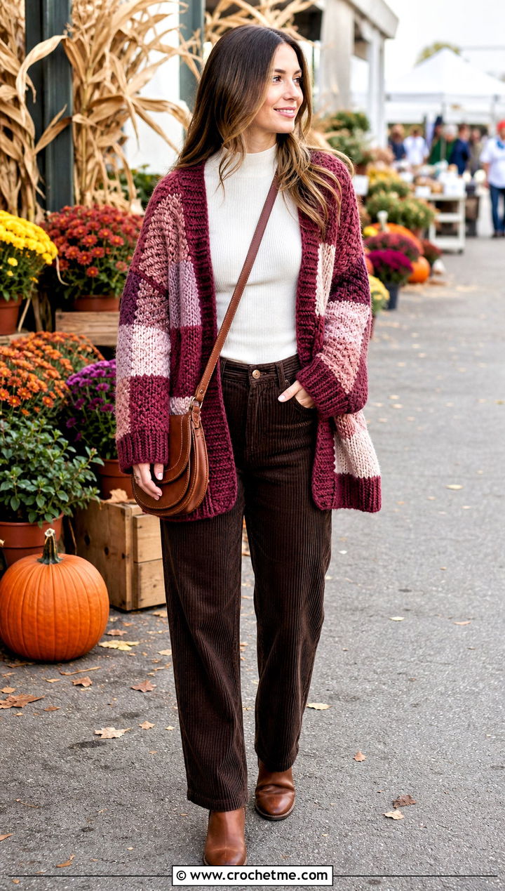 Oversized Crochet Patched Cardigan With Corduroy Pants - 20 Crochet Patched Cardigan outfit ideas