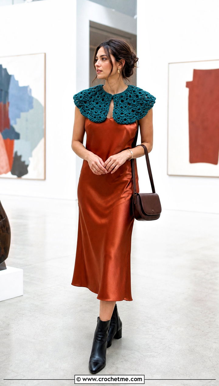 Oversized Crochet Peter Pan Collar With Slip Dress And Boots - 35 crochet peter pan collar outfit ideas