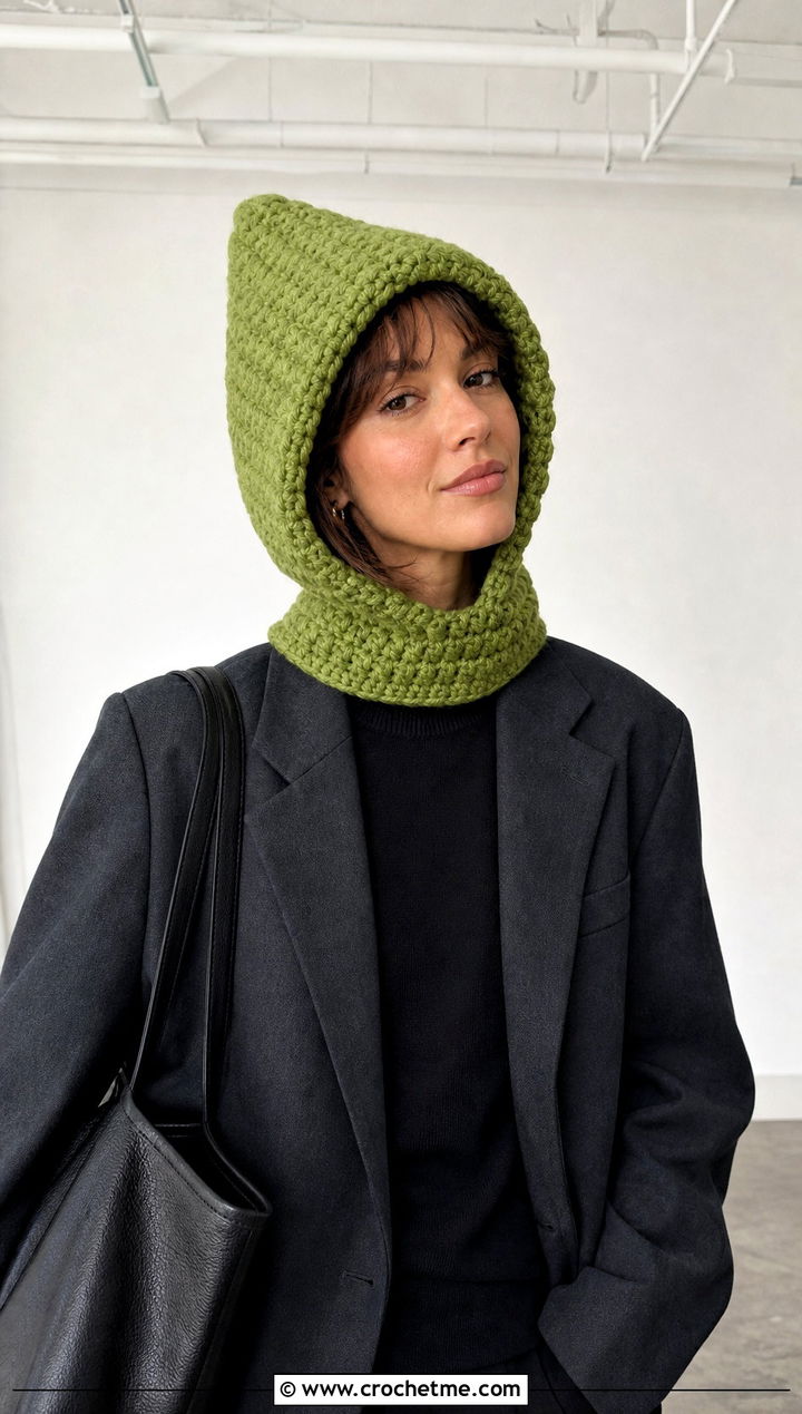 Oversized Crochet Pixie Hood With Blazer - 30 crochet pixie hat outfit ideas