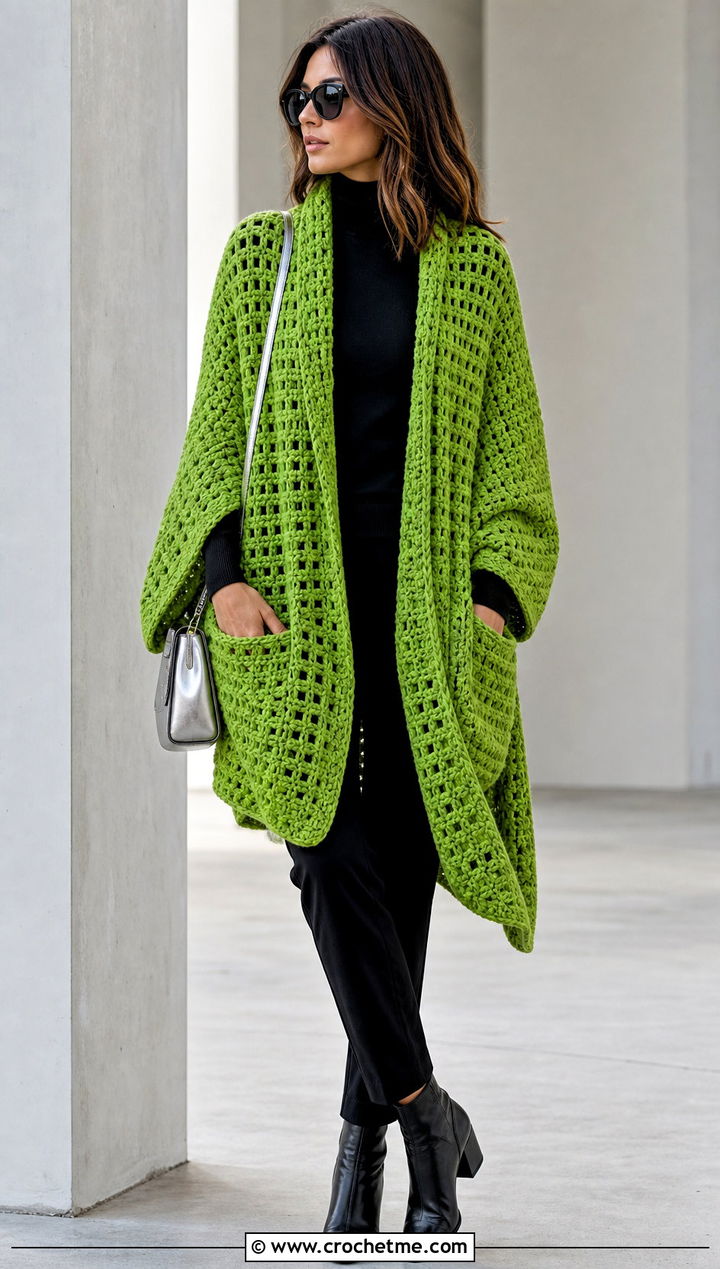 Oversized Crochet Pocket Scarf With Monochrome Outfit - 15 Crochet Scarf With Hand Pockets outfit ideas