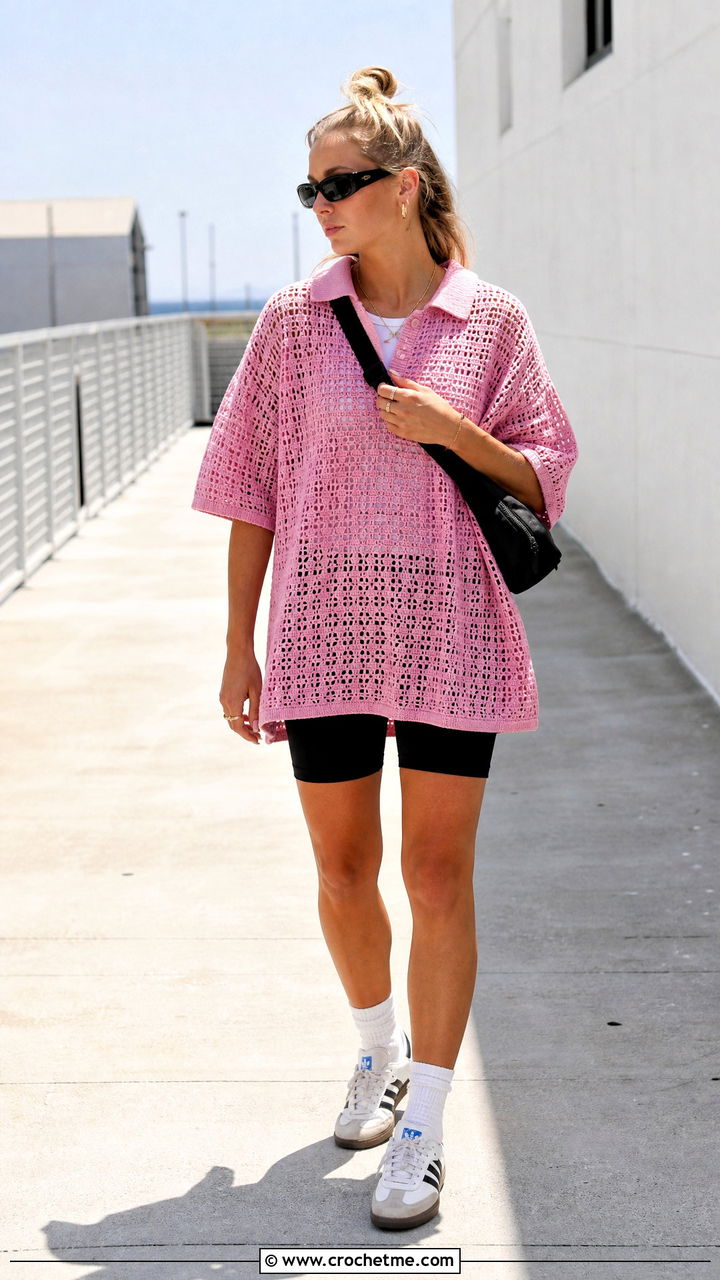 Oversized Crochet Polo Shirt With Biker Shorts - 35 crochet polo shirt outfit ideas