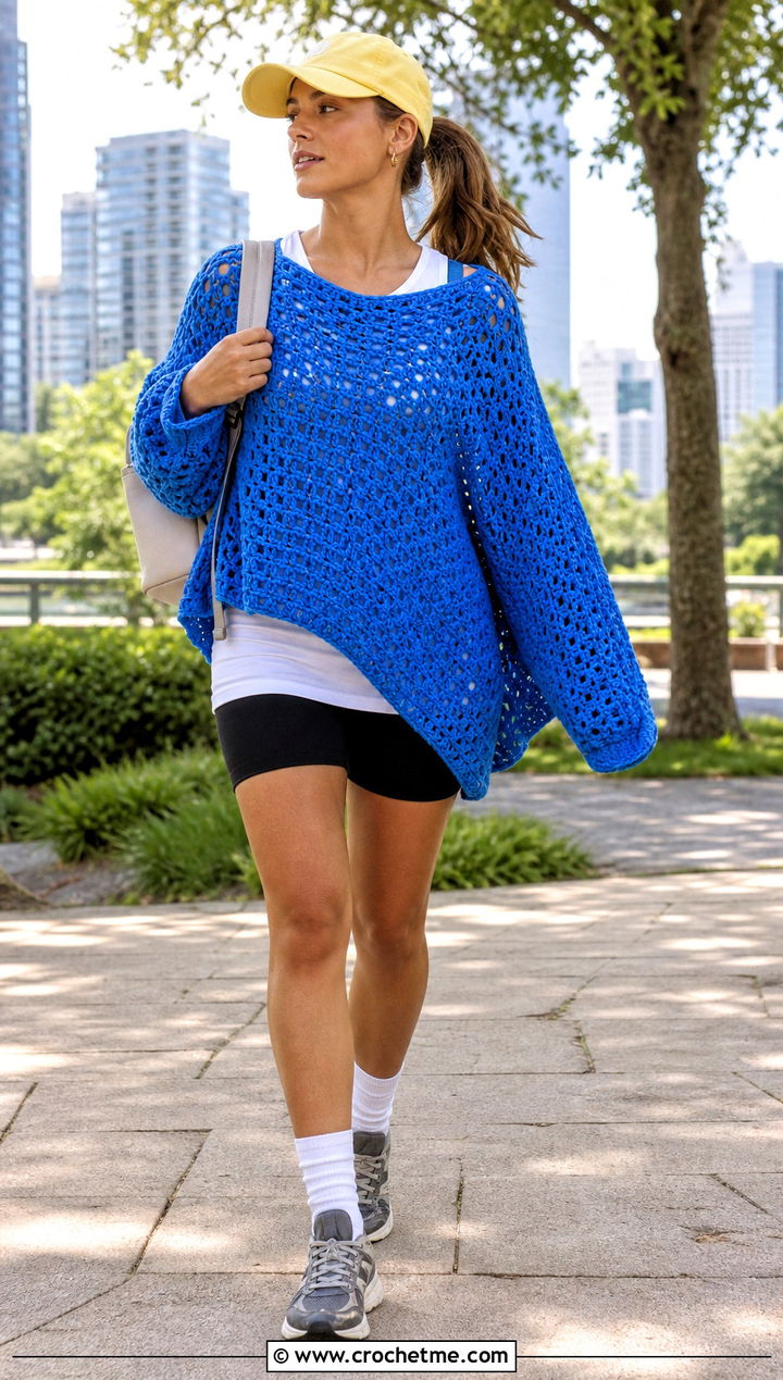 Oversized Crochet Poncho With Biker Shorts - 25 Beginner Crochet Poncho outfit ideas