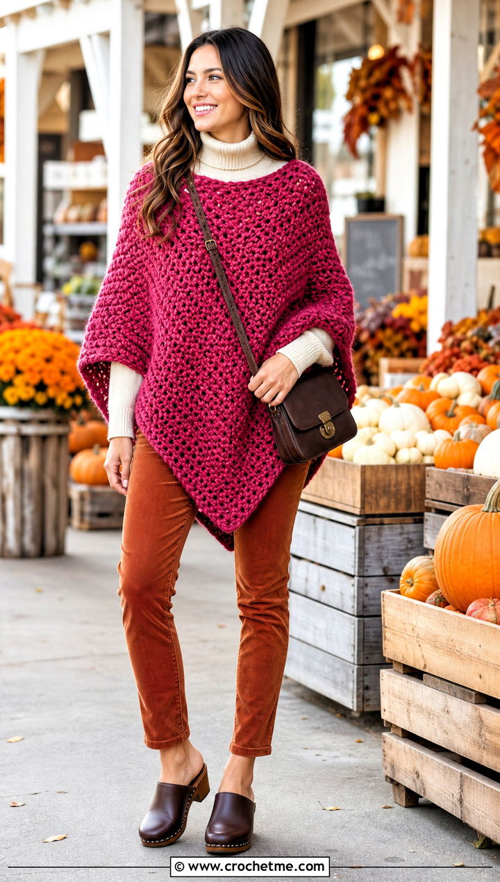 Oversized Crochet Poncho With Corduroy Pants - 25 Crochet For Poncho outfit ideas