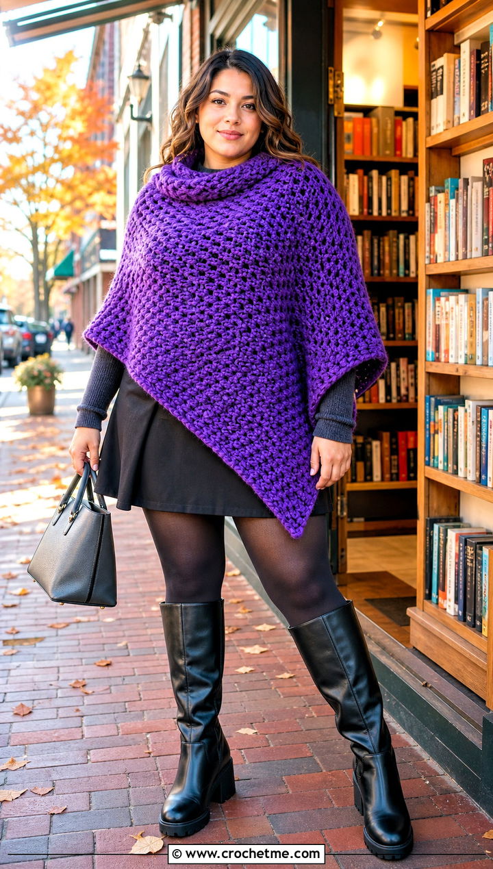 Oversized Crochet Poncho With Mini Skirt - 15 Crochet Womens Poncho outfit ideas