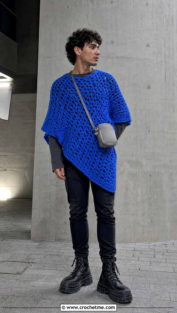 Oversized Crochet Poncho With Skinny Jeans - 30 men crochet poncho outfit ideas