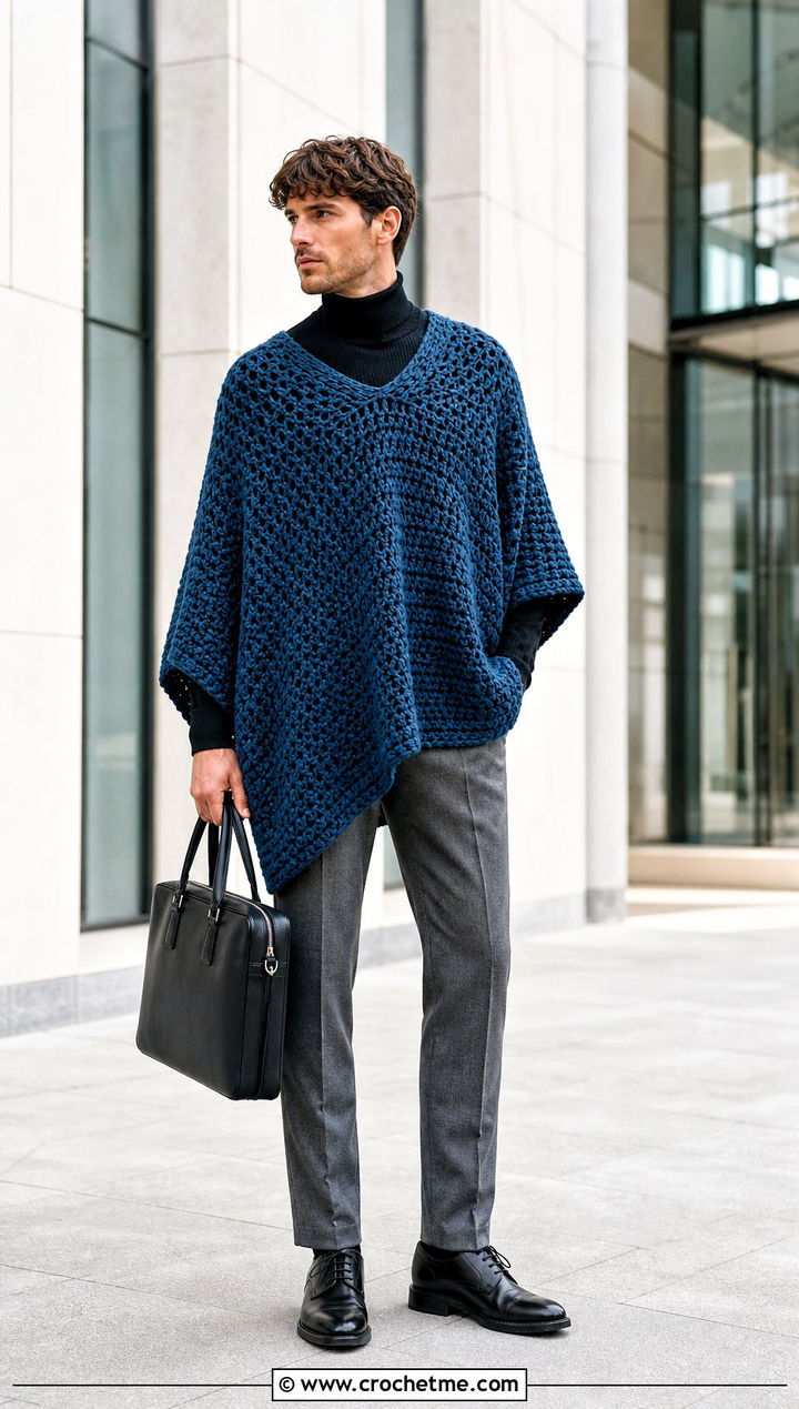 Oversized Crochet Poncho With Suit Trousers - 25 mens crochet poncho outfit ideas