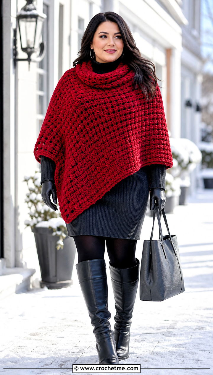 Oversized Crochet Poncho With Sweater Dress - 15 Quick Crochet Poncho outfit ideas