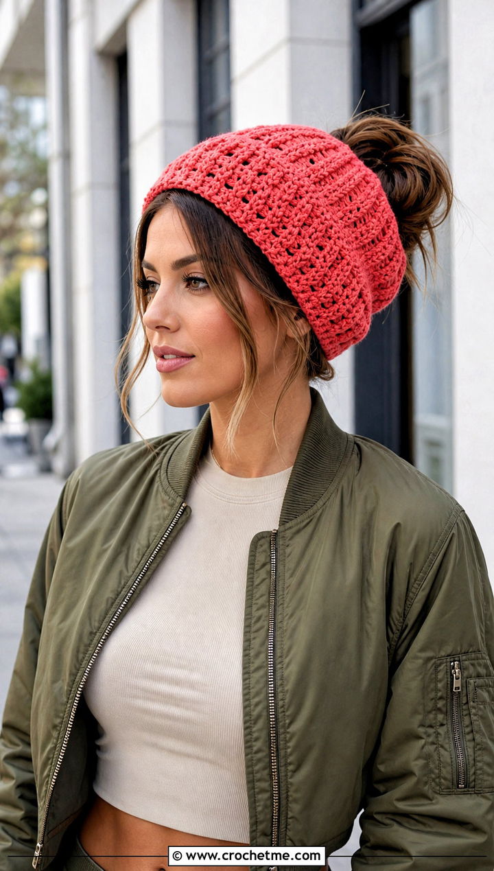 Oversized Crochet Ponytail Beanie With Bomber Jacket And Denim Midi Skirt - 20 Crochet Beanie With Ponytail Hole Hat outfit ideas