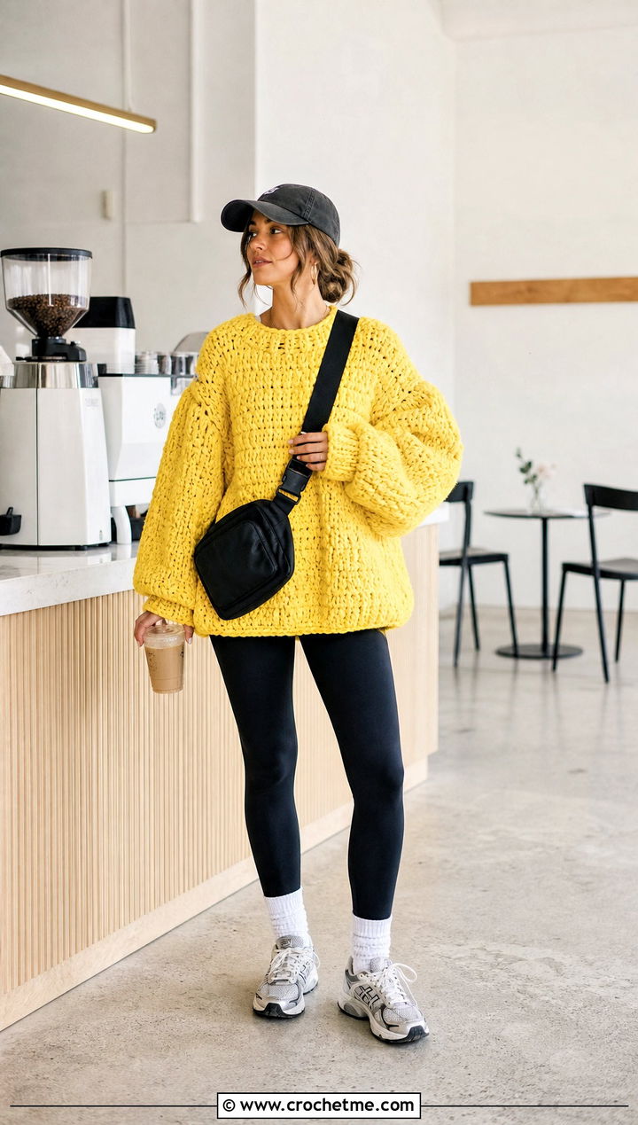 Oversized Crochet Puff Sleeve Sweater With Leggings - 25 Crochet Puff Sleeve Sweater outfit ideas