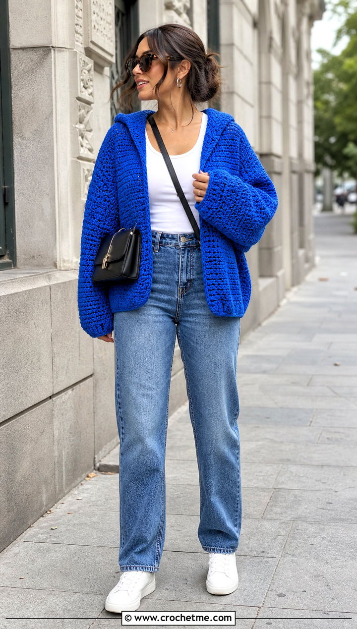 Oversized Crochet Pullover Hoodie With Straight Jeans - 25 Easy Crochet Hoodie outfit ideas