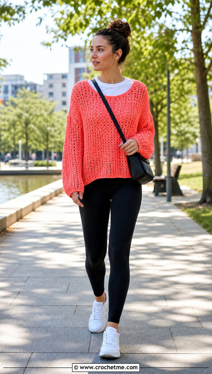 Oversized Crochet Pullover With Leggings And Sneakers - 25 easy clothes to crochet outfit ideas