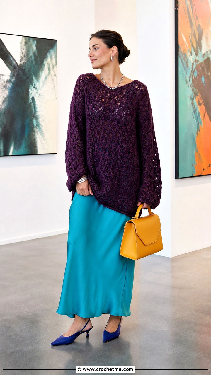 Oversized Crochet Pullover With Satin Slip Skirt - 35 crochet sweater design outfit ideas