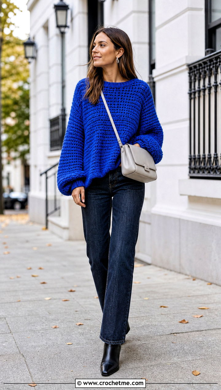 Oversized Crochet Pullover With Straight Leg Jeans - 30 fall crochet sweaters outfit ideas