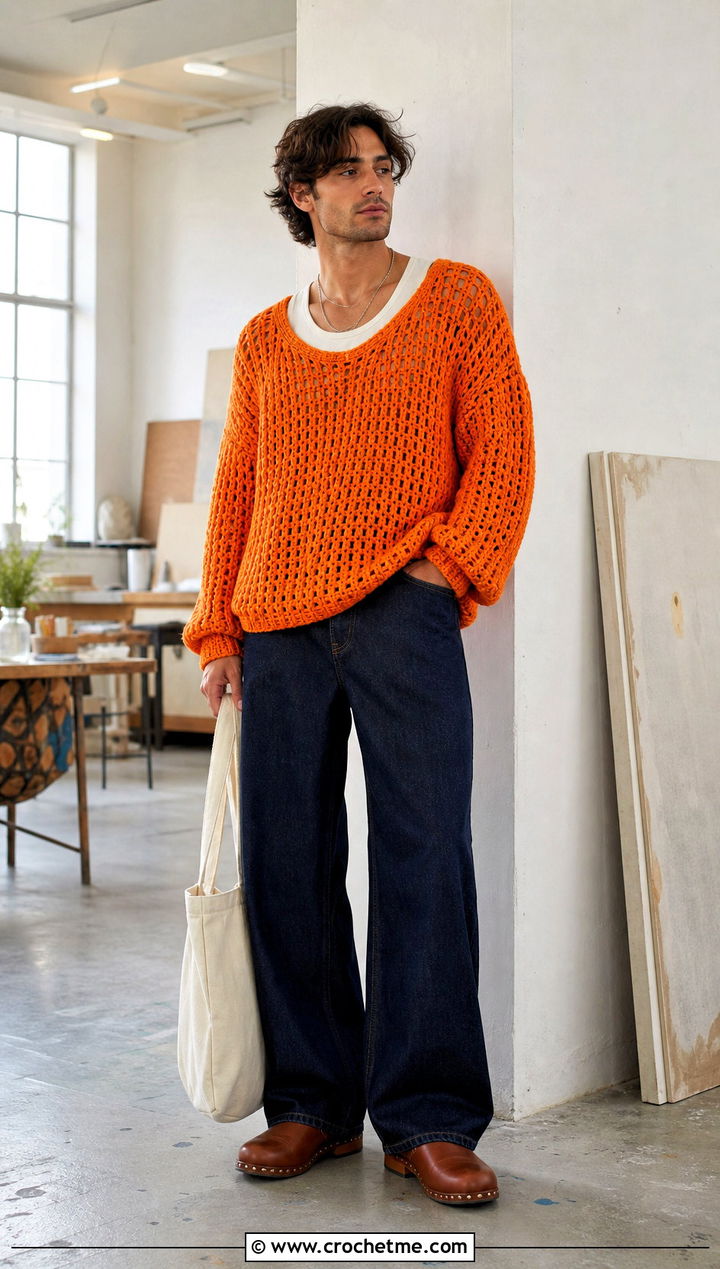 Oversized Crochet Pullover With Wide Leg Jeans - 35 men's crochet sweater ideas