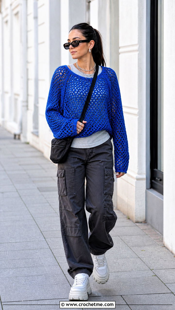 Oversized Crochet Raglan Mesh Top With Cargo Pants - 25 Crochet Raglan Mesh Top outfit ideas