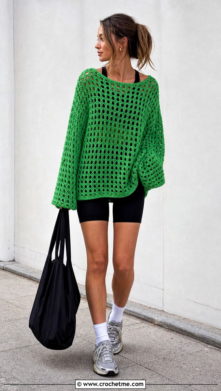 Oversized Crochet Raglan Top With Bike Shorts - 30 crochet raglan top outfit ideas