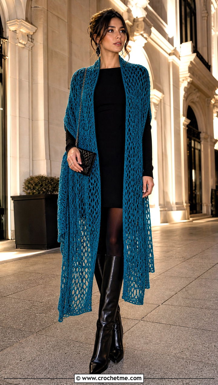 Oversized Crochet Rectangle Shawl With Mini Dress - 35 Crochet Rectangle Shawl outfit ideas
