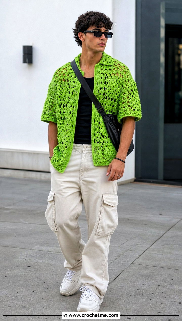 Oversized Crochet Relaxagon Shirt With Cargo Pants - 30 crochet relaxagon shirt outfit ideas